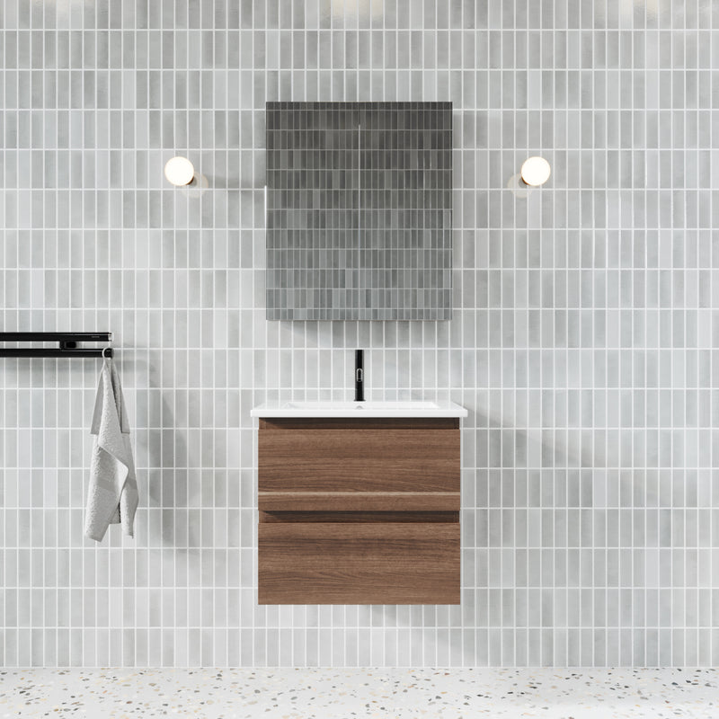 Vue de devant Meuble salle de bain design simple vasque MESSINA largeur 60 cm noyer - Le Monde du Bain