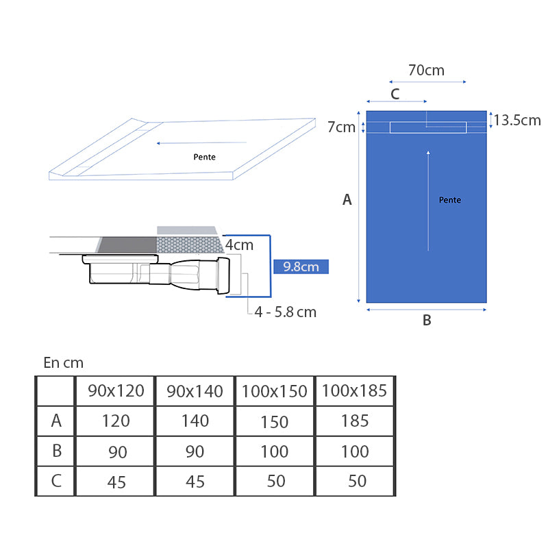 Receveur à carreler MONOBOARD 1 pente avec natte étanche et siphon ultra plat