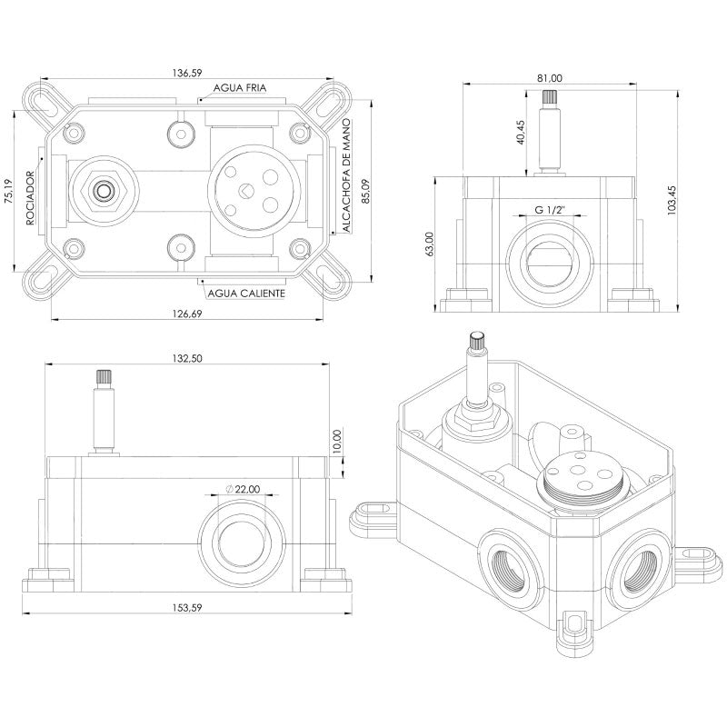 Dimensions - boitier à encastrer - Kit de douche thermostatique à encastrer TILSO - Le Monde du Bain