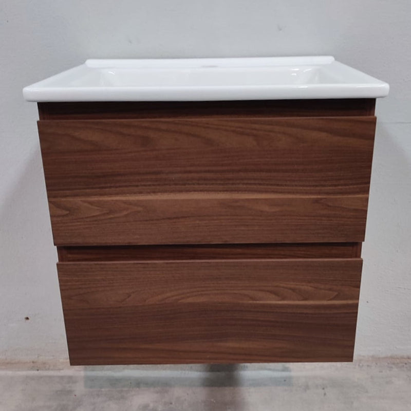 Vue de devant Meuble salle de bain design simple vasque MESSINA largeur 60 cm noyer - Le Monde du Bain