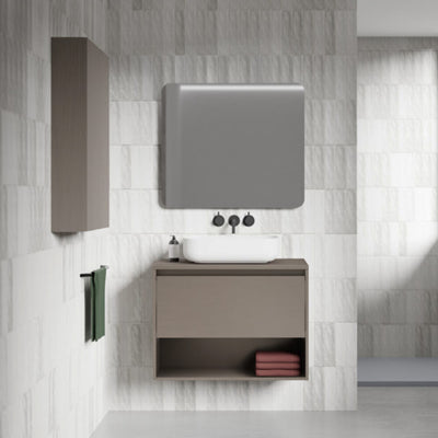 Meuble salle de bain suspendu en bois avec vasque posee incluse NIWA 60 marron Fumé