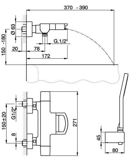 Robinet thermostatique bain/douche mural CISAL ROADSTER CASCADE avec support mural pour douchette - Le Monde du Bain