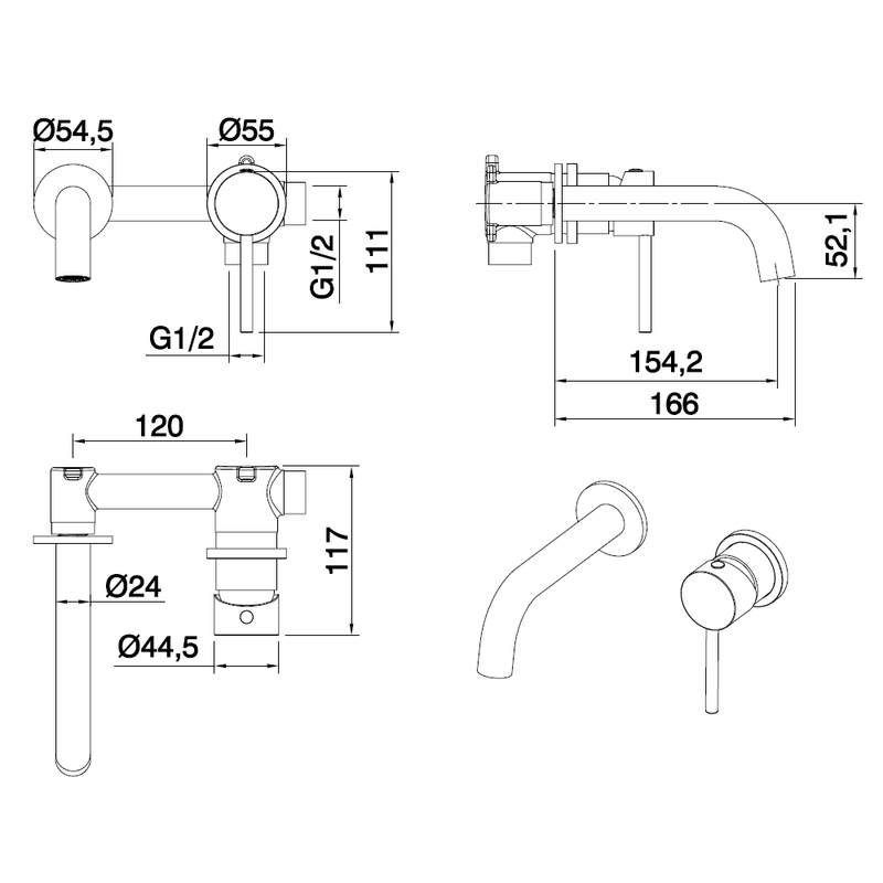Dimensions - Robinet mitigeur mural encastré 2 trous PIZO dorée or