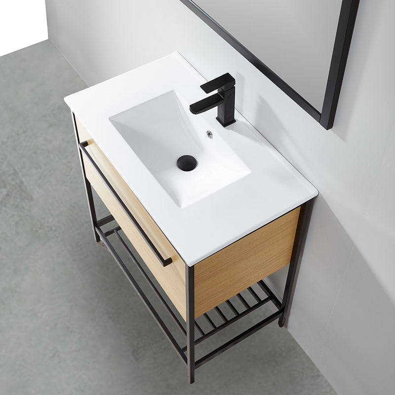 Meuble salle de bain SMART largeur 80 cm, en métal noir avec vasque céramique blanche