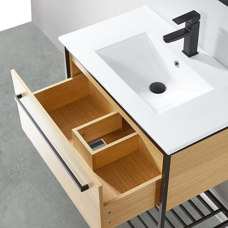 Meuble salle de bain SMART largeur 80 cm, en métal noir avec vasque céramique blanche