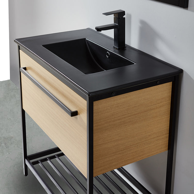 Meuble salle de bain SMART largeur 80 cm, en métal noir avec vasque céramique noire