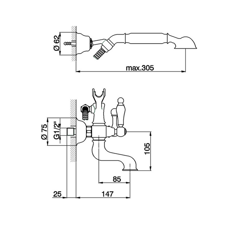 Robinet rétro mural CISAL TOSCANA avec poignées en porcelaine
