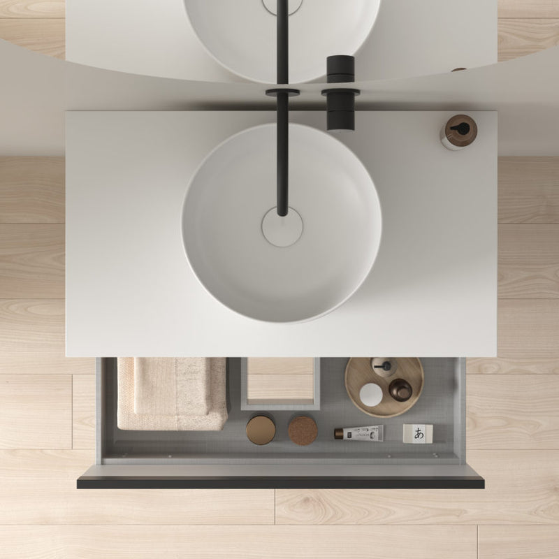 Meuble salle de bain en bois avec pieds en metal avec vasque posee YOKO finition chene clair