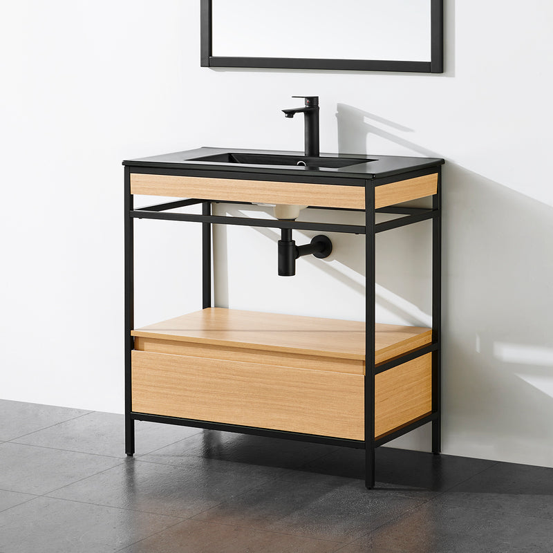 Meuble salle de bain UNIK largeur 80 cm, en métal noir avec vasque céramique noire