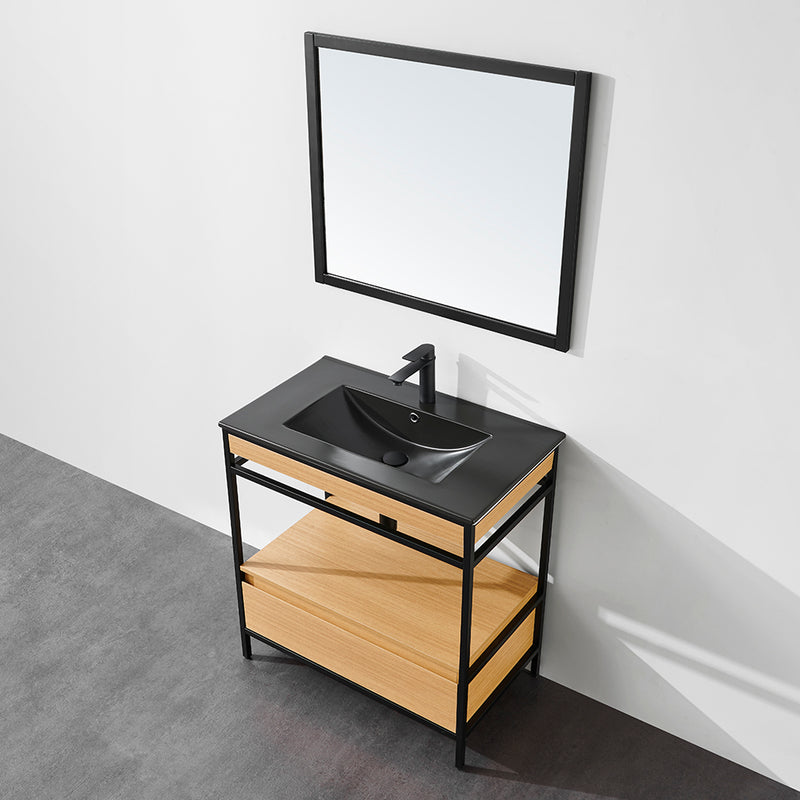 Meuble salle de bain UNIK largeur 80 cm, en métal noir avec vasque céramique noire