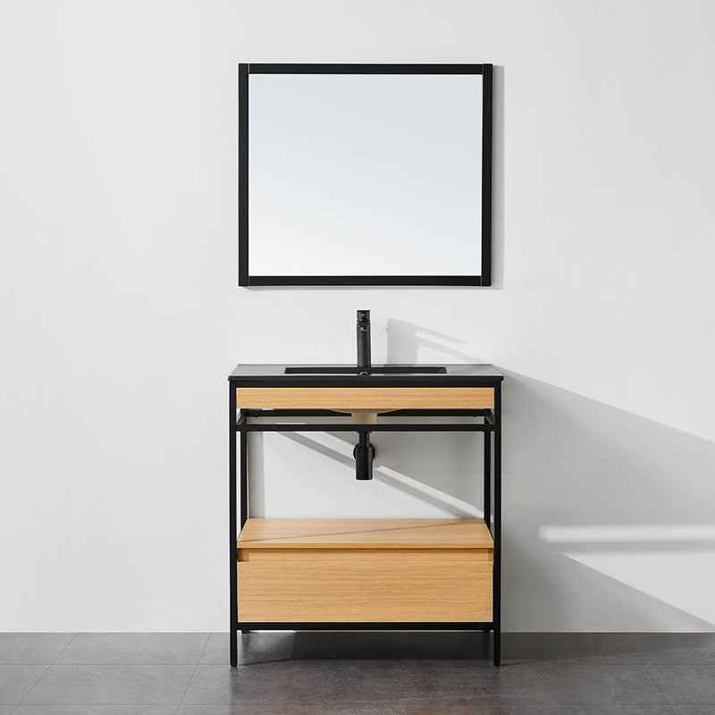 Meuble salle de bain UNIK largeur 80 cm, en métal noir avec vasque céramique noire