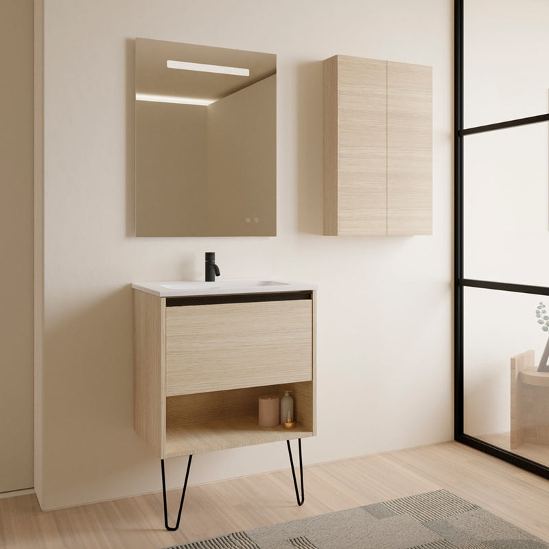 Meuble salle de bain en bois avec pieds en metal YOKO chene clair sablé