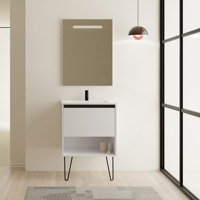 Meuble salle de bain en bois avec pieds en metal YOKO blanc brillant