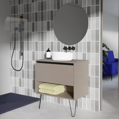 Meuble salle de bain en bois avec pieds en metal avec vasque posee YOKO finition marron fume