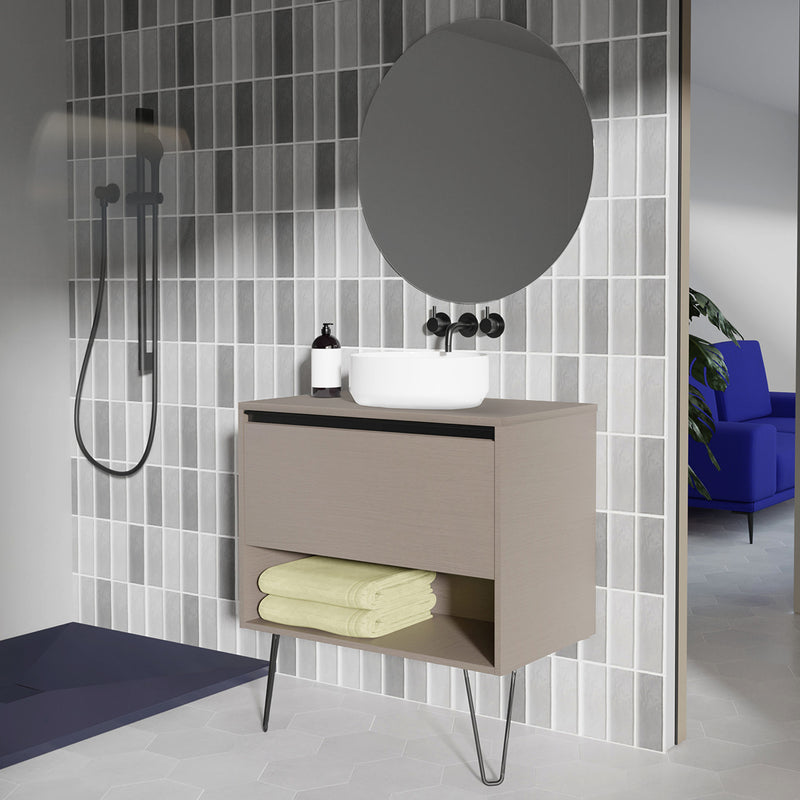 Meuble salle de bain en bois avec pieds en metal avec vasque posee YOKO finition marron fume