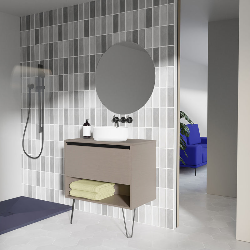 Meuble salle de bain en bois avec pieds metalliques avec vasque posee YOKO finition marron fume