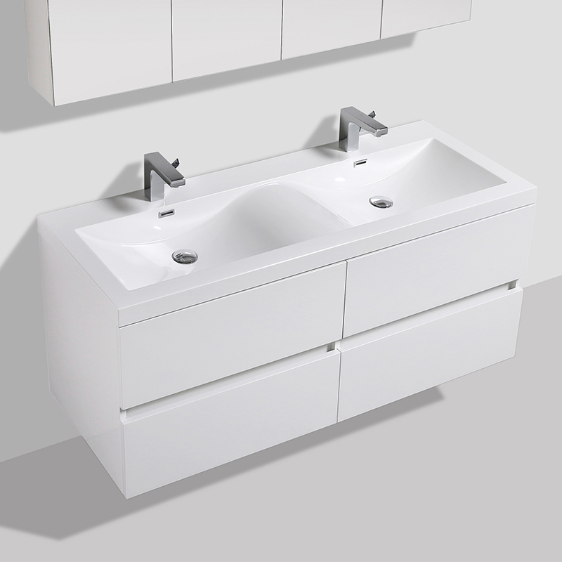 Meuble salle de bain design double vasque SIENA largeur 144 cm, blanc laqué - Le Monde du Bain