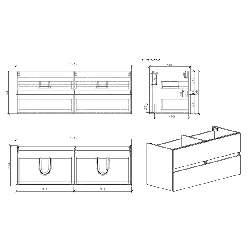 Meuble salle de bain design double vasque SIENA largeur 144 cm, noyer - Le Monde du Bain
