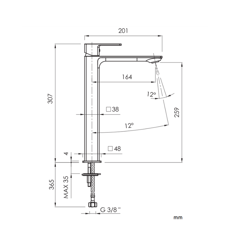 Robinet mitigeur lavabo réhaussé CUBO dessin technique