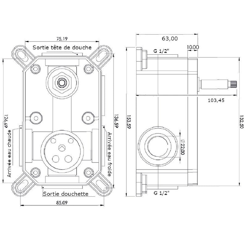 Dimensions boitier - Kit de douche à encastrer NALA noir mat