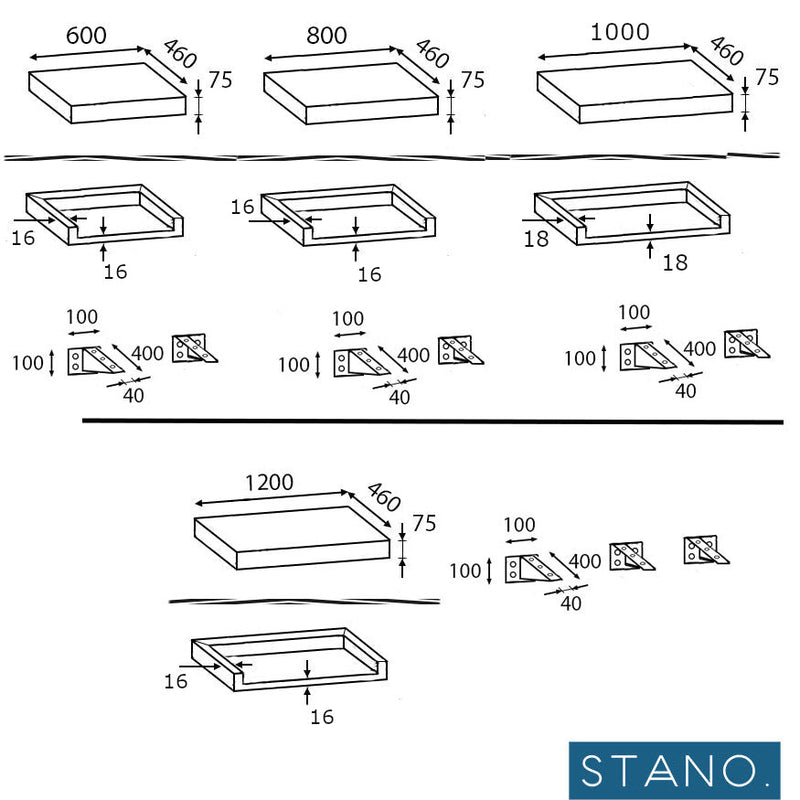 Dimensions - Plan pour vasque suspendu TOP finition bois mélaminée chêne - Le Monde du Bain