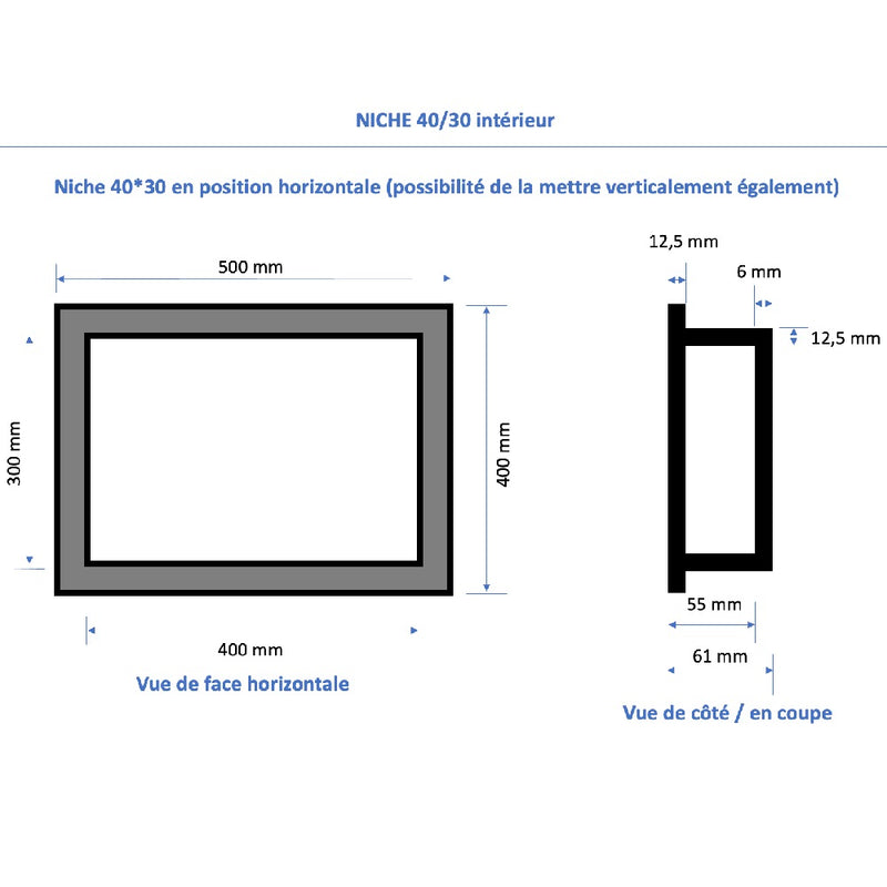 Niche à carreler étanche - Format intérieur 40 x 30 cm - 5.5 cm de profondeur