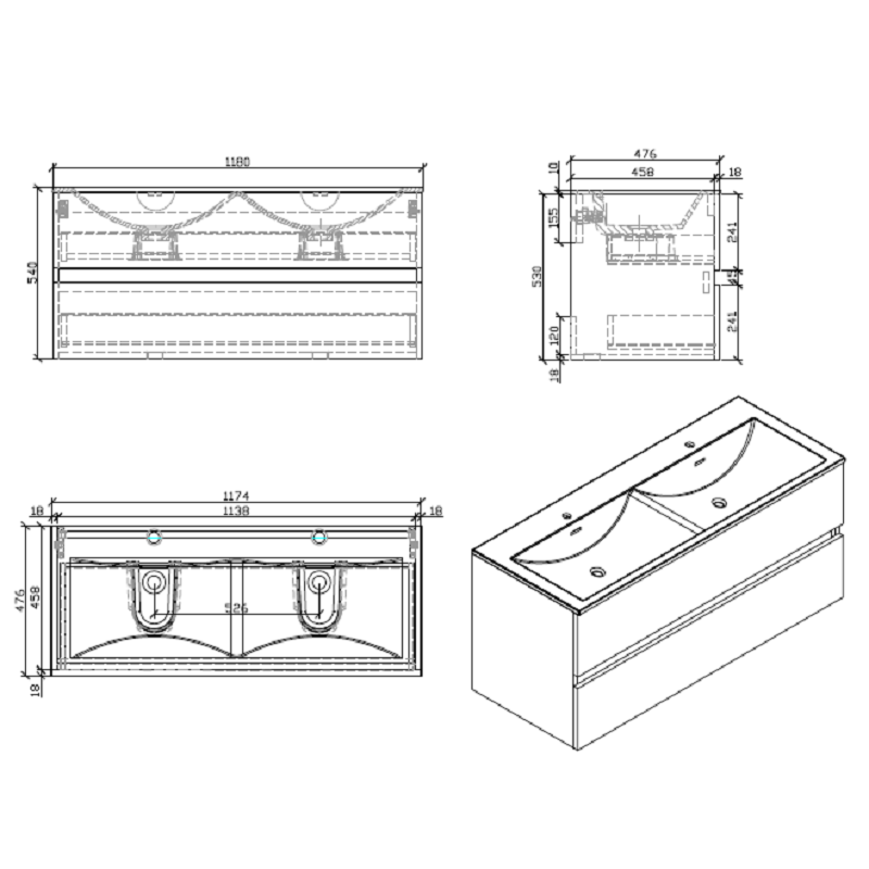 Meuble salle de bain design double vasque SIENA largeur 120 cm, blanc laqué