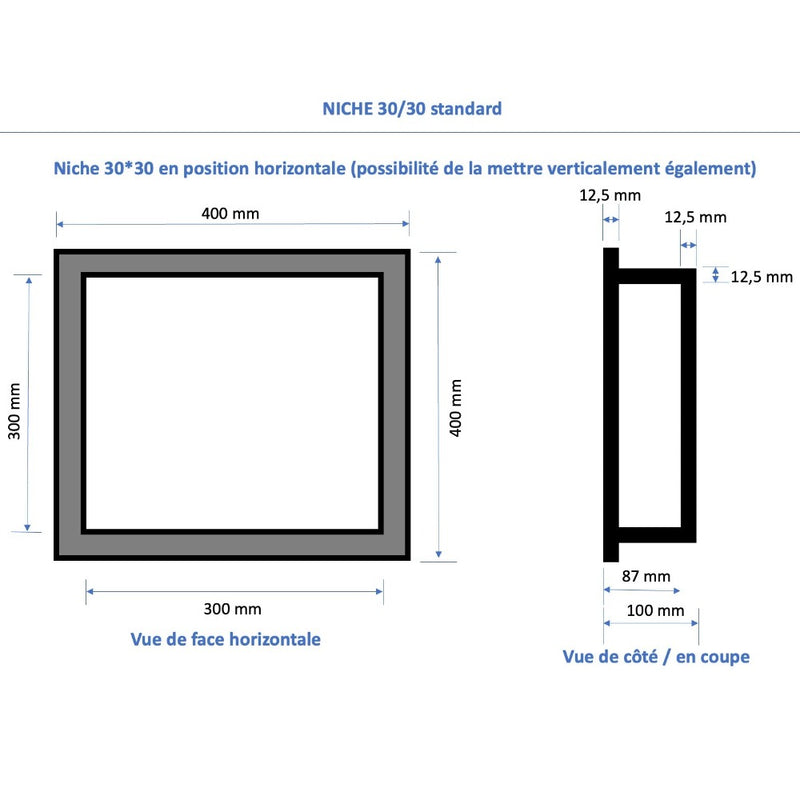 Dimensions Niche à carreler étanche - Format intérieur 30 x 30 cm - 9 cm de profondeur