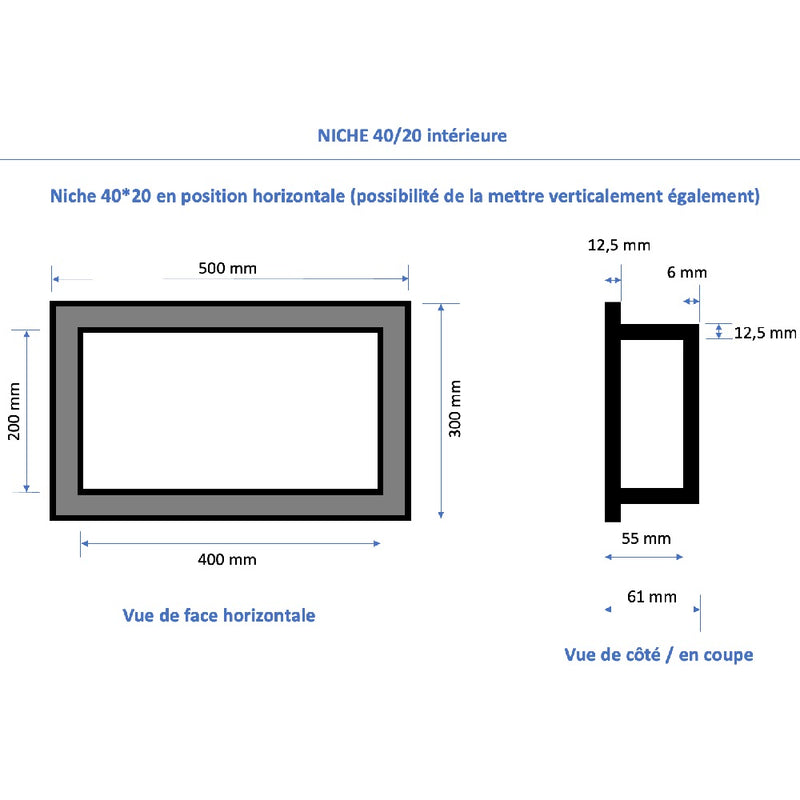Dimensions Niche à carreler étanche - Format intérieur 40 x 20 cm - 6 cm de profondeur