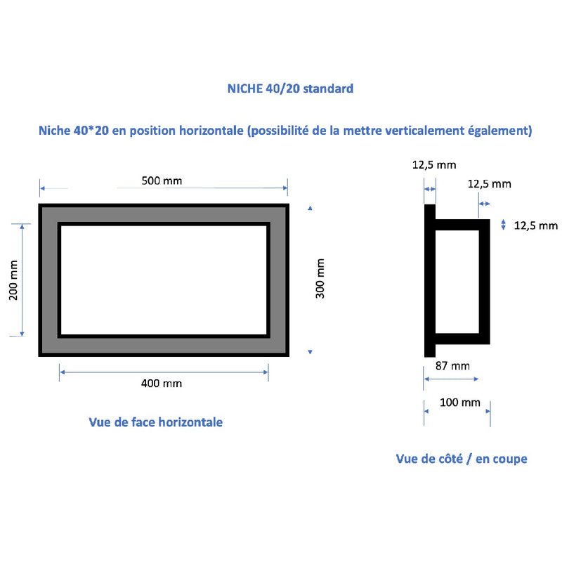 Niche à carreler étanche - Format intérieur 40 x 20 cm - 9 cm de profondeur
