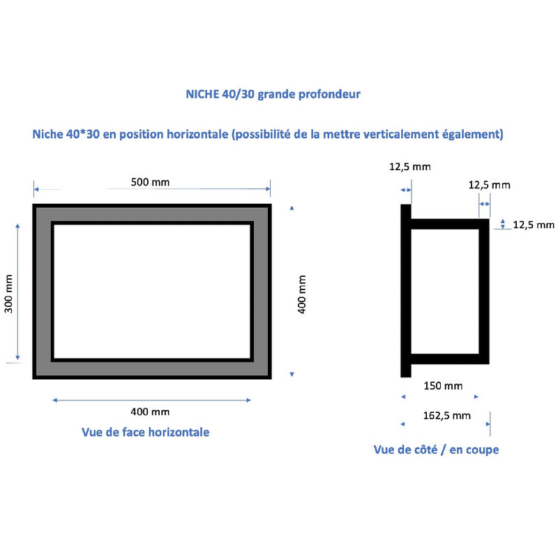 dimensions Niche à carreler étanche - Format intérieur 40 x 30 cm - 15 cm de profondeur