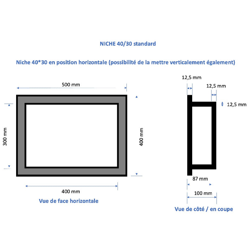 Niche à carreler étanche - Format intérieur 40 x 30 cm - 9 cm de profondeur