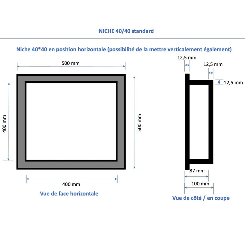 Niche à carreler étanche - Format intérieur 40 x 40 cm - 9 cm de profondeur