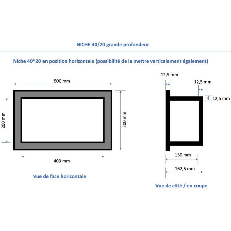 Niche à carreler étanche - Format intérieur 40 x 20 cm - 15 cm de profondeur