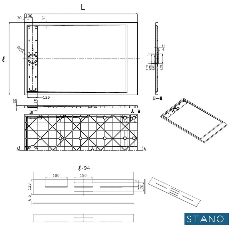 Dimensions Receveur de douche extra plat LUCIA en Solicast - Le Monde du Bain