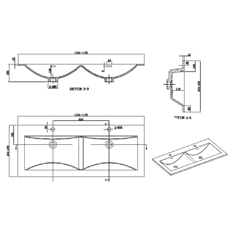 Meuble salle de bain design double vasque SIENA largeur 120 cm, chêne clair texturé
