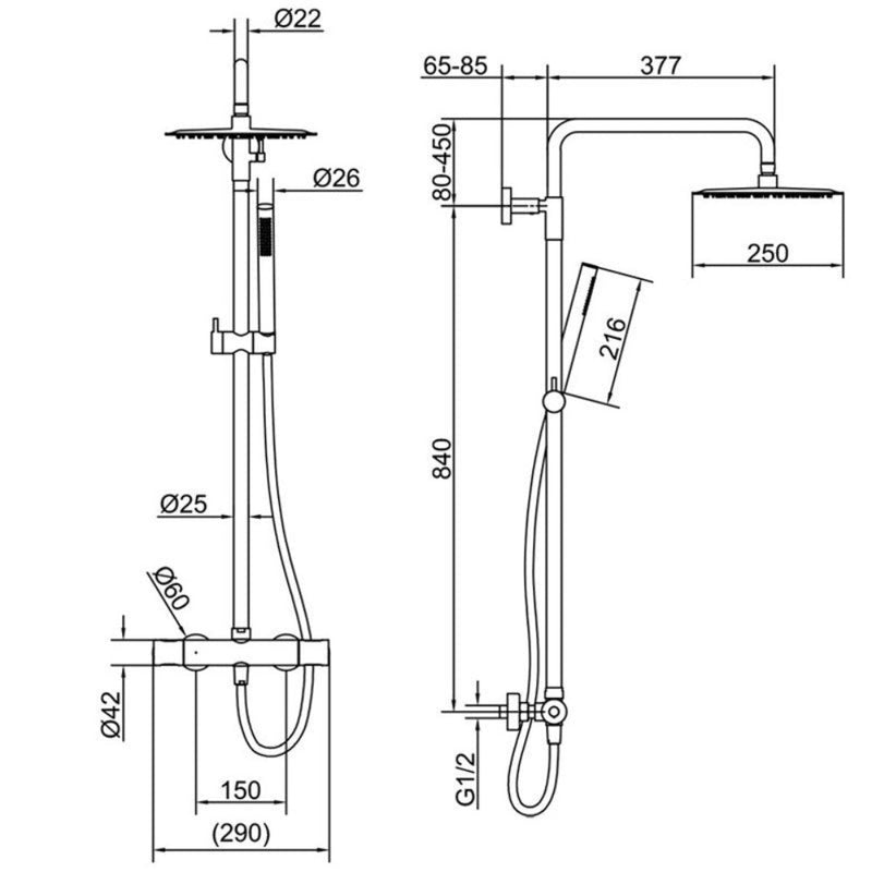 Dimensions Colonne de douche thermostatique MANDA dorée or, avec  technologie CoolTouch®