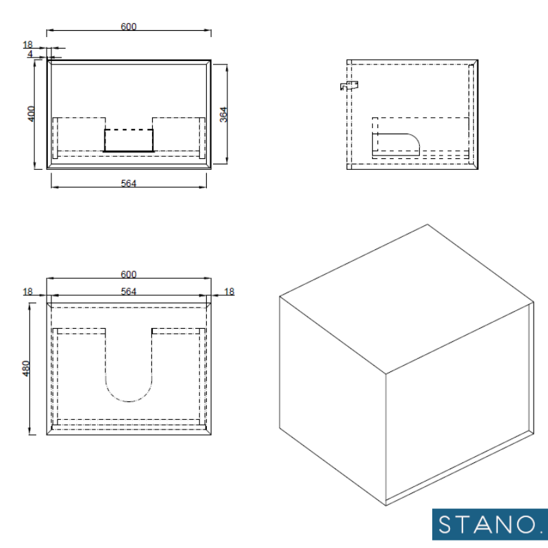 dimensions Meuble salle de bain pour vasque à poser PALIO 60 cm, blanc mat / chêne clair texturé