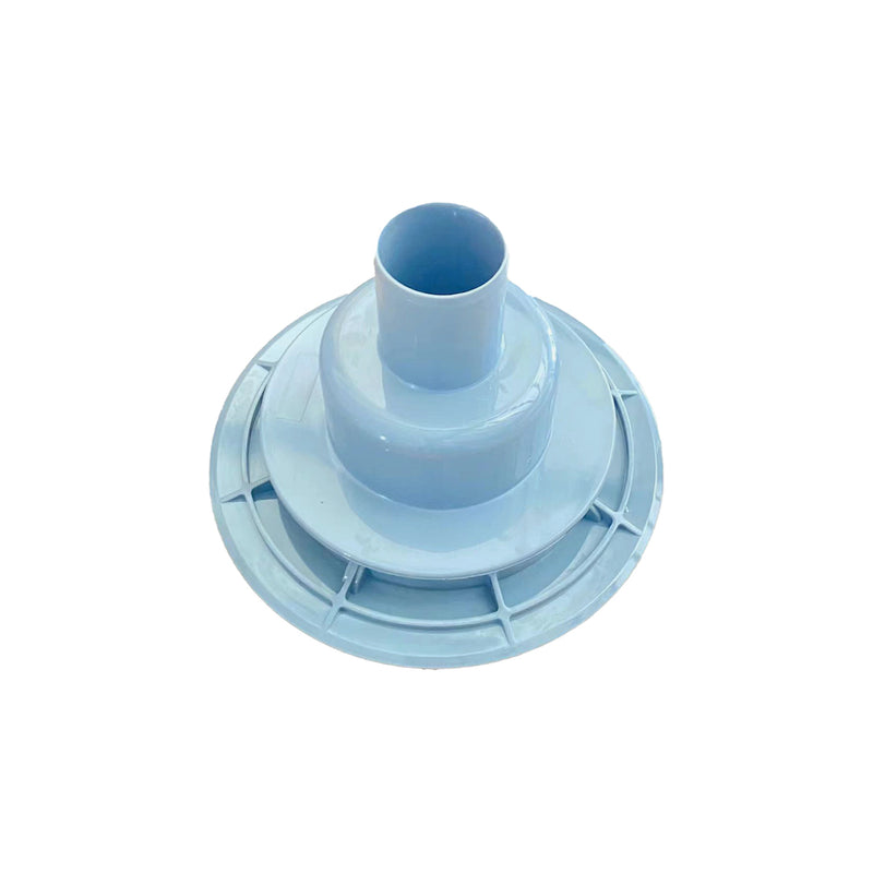 Vue de dessous bonde verticale DINO pour receveurs à carreler Ø90 avec grille en acier inoxydable