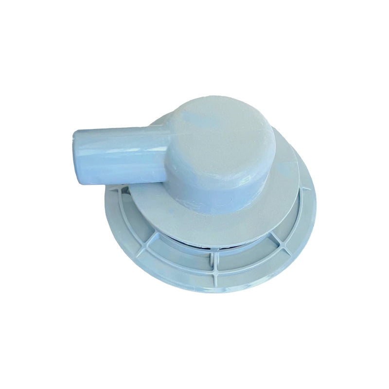 Vue de dessous bonde horizontale DINO pour receveurs à carreler Ø90 avec grille en acier inoxydable